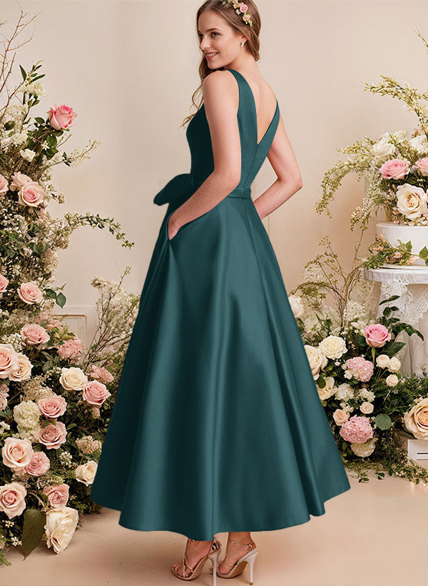 A-Line V-Neck Satin Mother Of The Bride Dresses With Bows and Pockets
