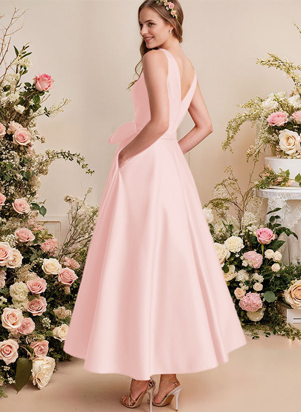 A-Line V-Neck Satin Mother Of The Bride Dresses With Bows and Pockets