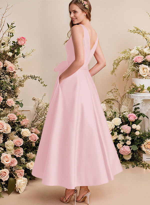 A-Line V-Neck Satin Mother Of The Bride Dresses With Bows and Pockets