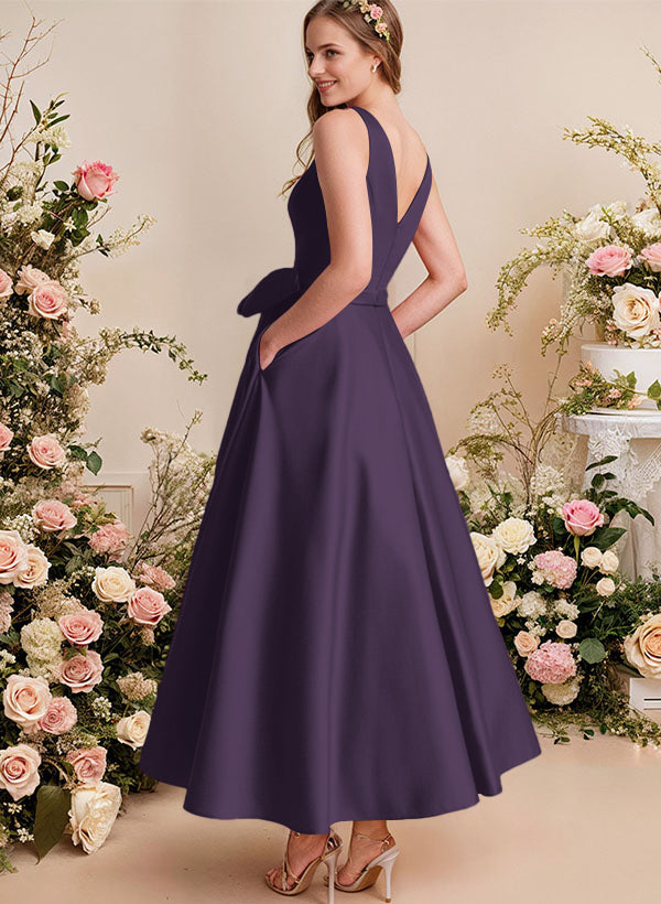 A-Line V-Neck Satin Mother Of The Bride Dresses With Bows and Pockets