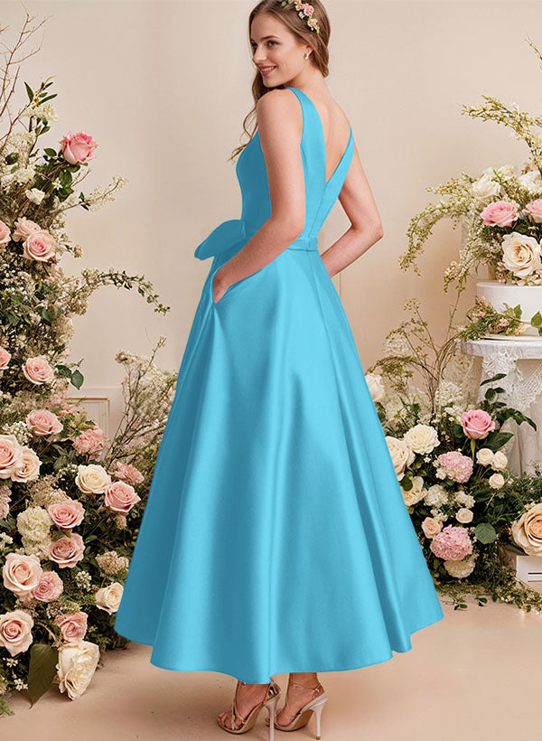 A-Line V-Neck Satin Mother Of The Bride Dresses With Bows and Pockets