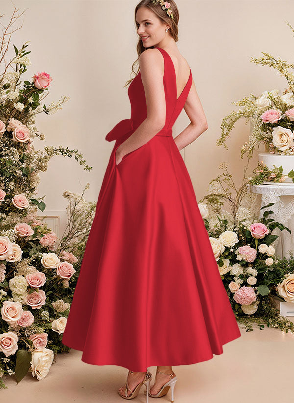 A-Line V-Neck Satin Mother Of The Bride Dresses With Bows and Pockets