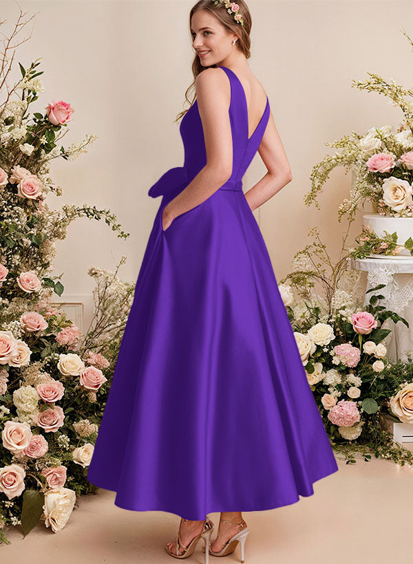 A-Line V-Neck Satin Mother Of The Bride Dresses With Bows and Pockets