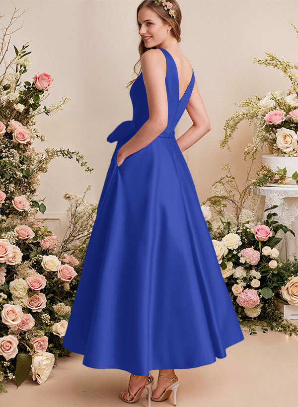 A-Line V-Neck Satin Mother Of The Bride Dresses With Bows and Pockets