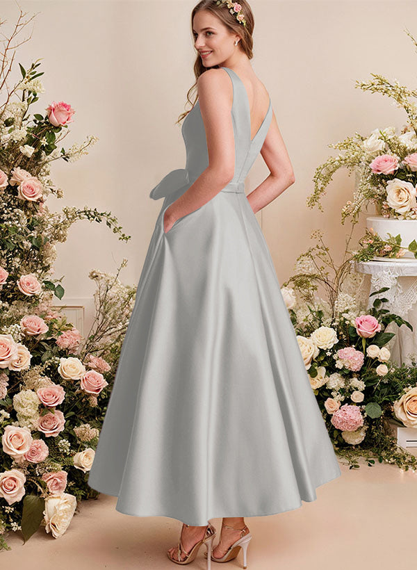 A-Line V-Neck Satin Mother Of The Bride Dresses With Bows and Pockets
