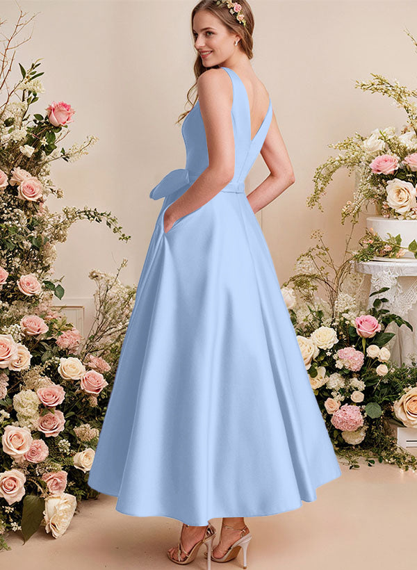 A-Line V-Neck Satin Mother Of The Bride Dresses With Bows and Pockets
