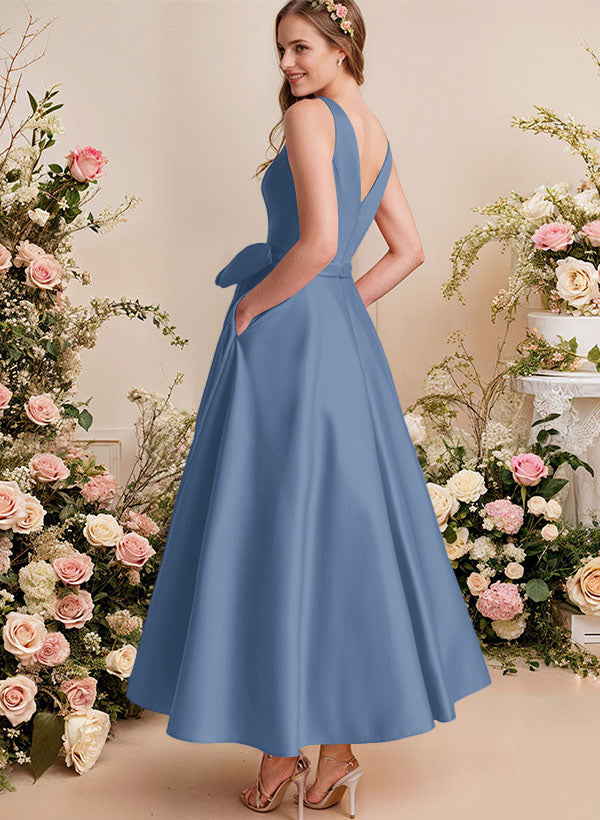 A-Line V-Neck Satin Mother Of The Bride Dresses With Bows and Pockets