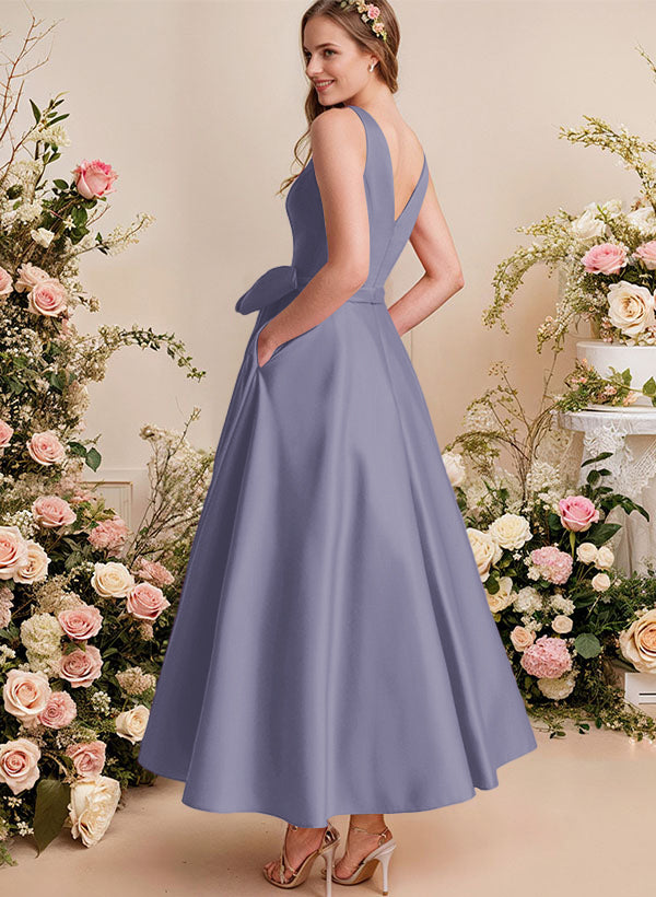 A-Line V-Neck Satin Mother Of The Bride Dresses With Bows and Pockets