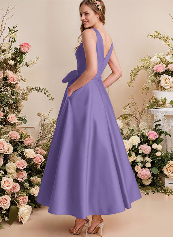 A-Line V-Neck Satin Mother Of The Bride Dresses With Bows and Pockets