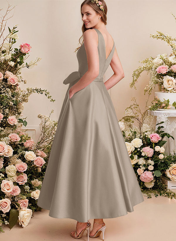 A-Line V-Neck Satin Mother Of The Bride Dresses With Bows and Pockets