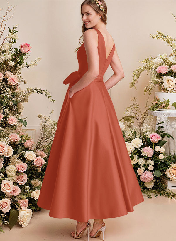 A-Line V-Neck Satin Mother Of The Bride Dresses With Bows and Pockets