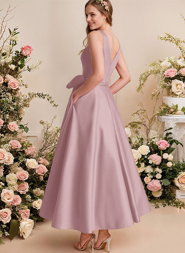 A-Line V-Neck Satin Mother Of The Bride Dresses With Bows and Pockets