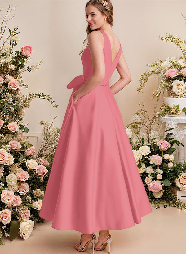A-Line V-Neck Satin Mother Of The Bride Dresses With Bows and Pockets