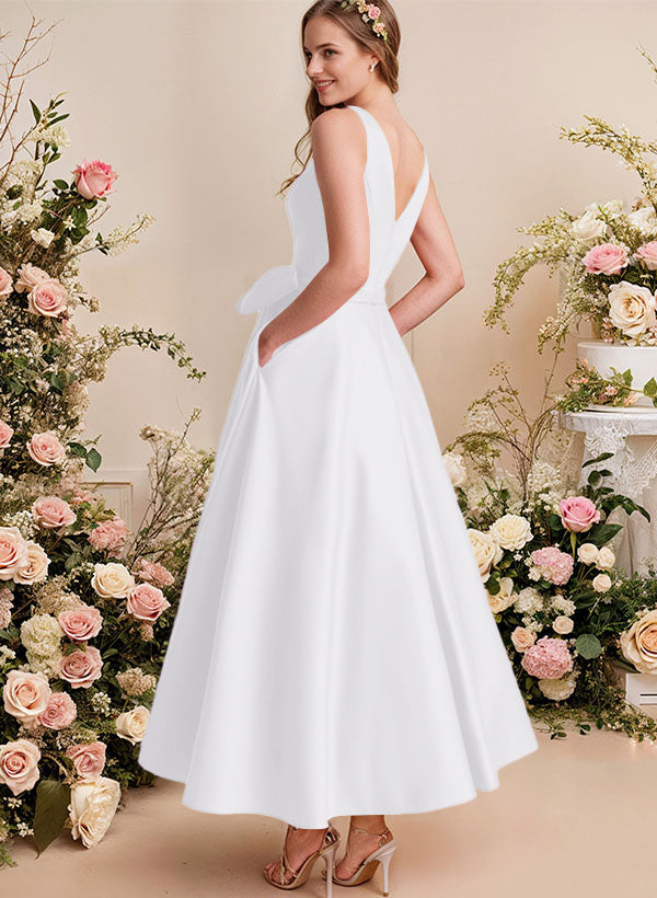A-Line V-Neck Satin Mother Of The Bride Dresses With Bows and Pockets