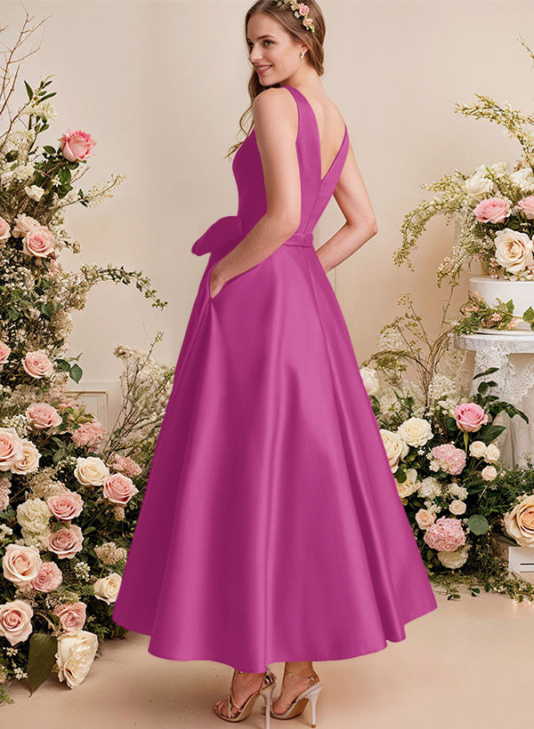 A-Line V-Neck Satin Mother Of The Bride Dresses With Bows and Pockets