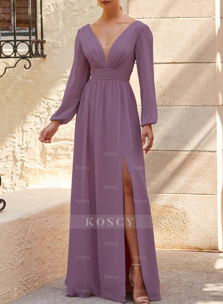 A-Line Bridesmaid Dresses With Split Front and Long Sleeves