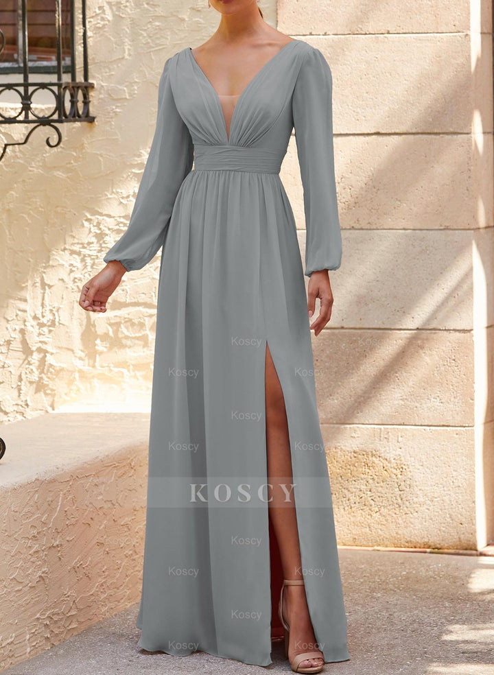 long sleeve bridesmaid dresses grey A-Line Bridesmaid Dresses With Split Front and Long Sleeves