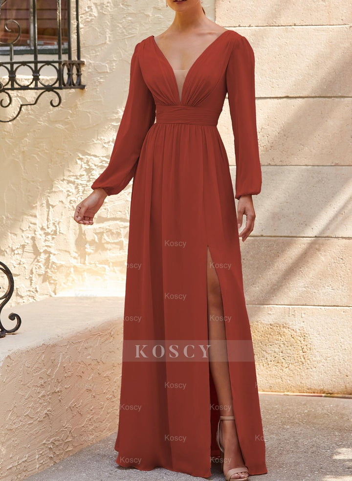 brown long sleeve bridesmaid dresses A-Line Bridesmaid Dresses With Split Front and Long Sleeves