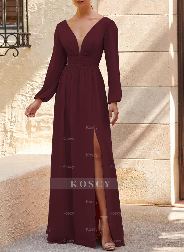 A-Line Bridesmaid Dresses With Split Front and Long Sleeves