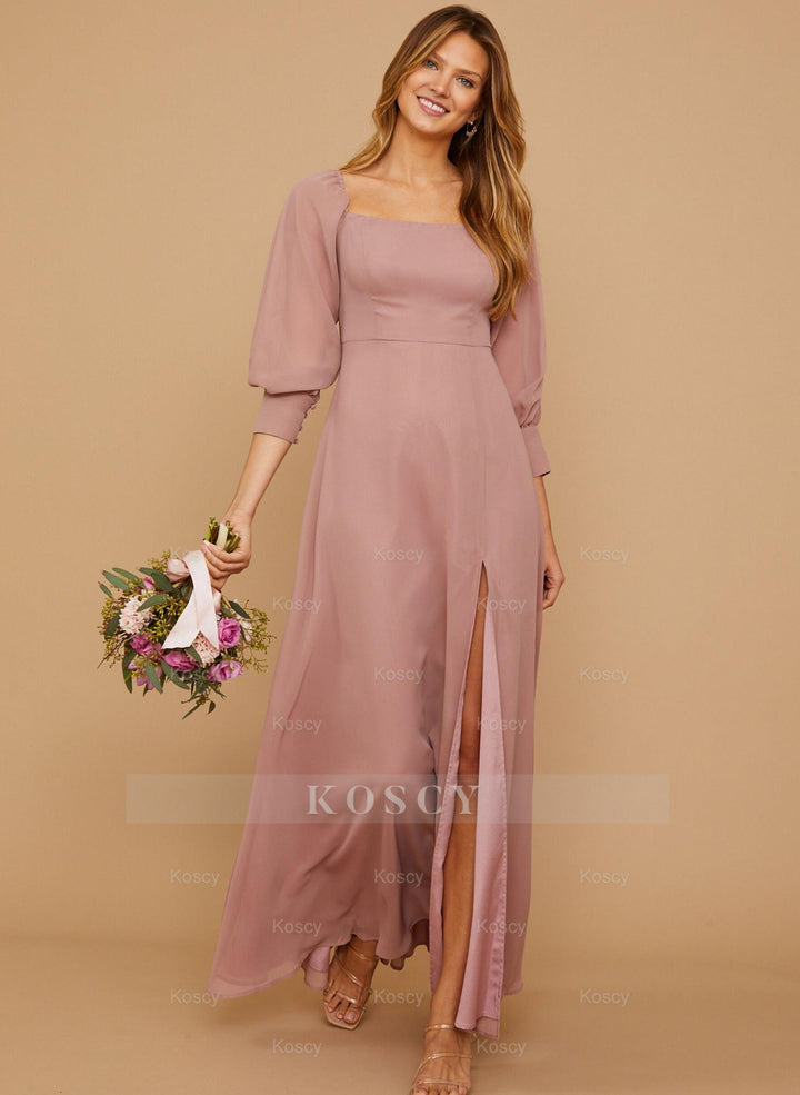 white christmas dresses Raspberry Chiffon Slit Long Sleeves V-Neck Bridesmaid Dress main image 0