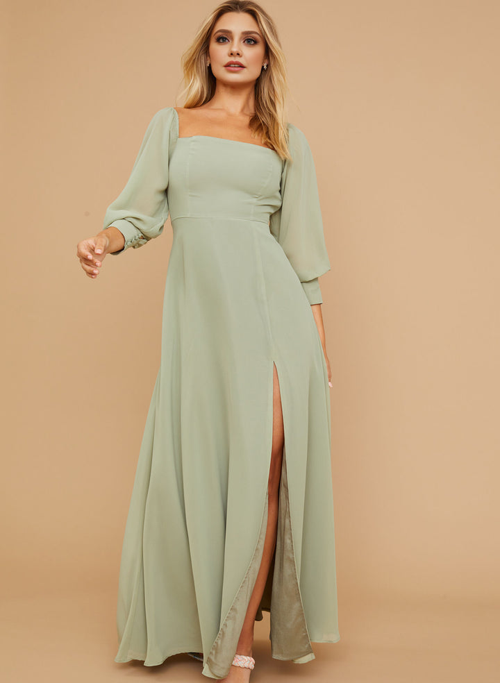 blue dress for baby girl A-Line Chiffon Bridesmaid Dresses with Square Neckline and Long Sleeve