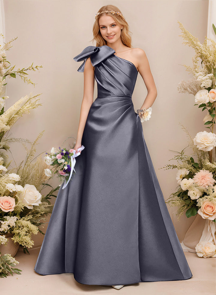 A-Line One-Shoulder Sleeveless Satin Bridesmaid Dresses With Bow(s) /