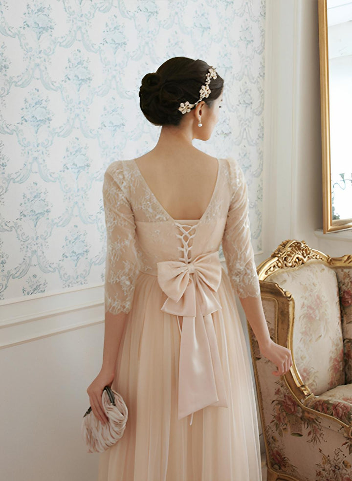 A-Line Princess 3/4 Sleeve Scoop Neck Ankle-Length Tulle Bridesmaid Dresses  Lace Pleated
