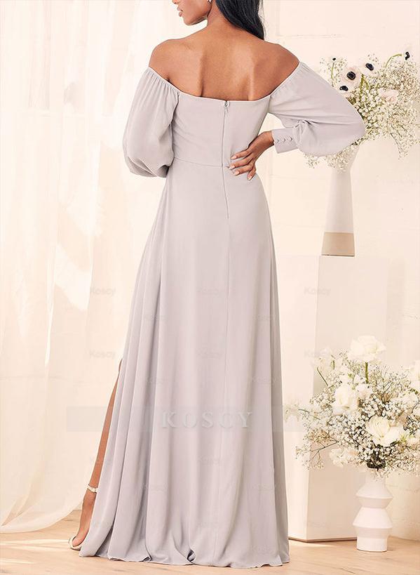 A-Line Square Neckline Long Sleeves Chiffon Floor-Length Bridesmaid Dr
