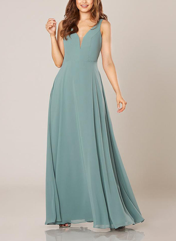 A-Line V-Neck Floor-Length Chiffon Bridesmaid Dresses With Pleated A-Line V-Neck Floor-Length Chiffon Bridesmaid Dresses With Pleated