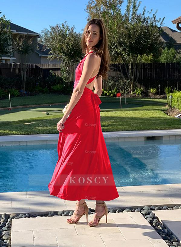 A-Line V-Neck Floor-Length Jersey Bridesmaid Dress