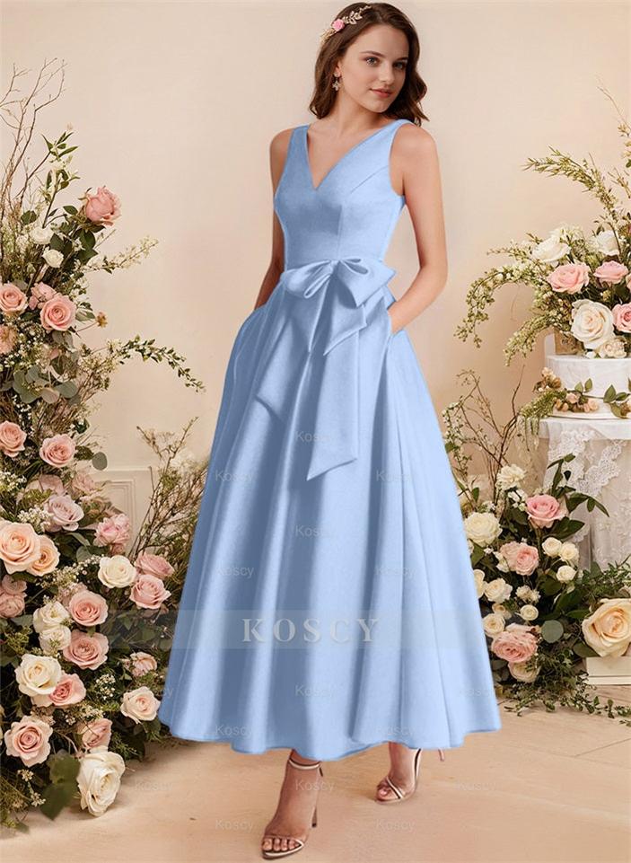 satin mother of the bride dresses A-Line V-Neck Satin Mother Of The Bride Dresses With Bows and Pockets