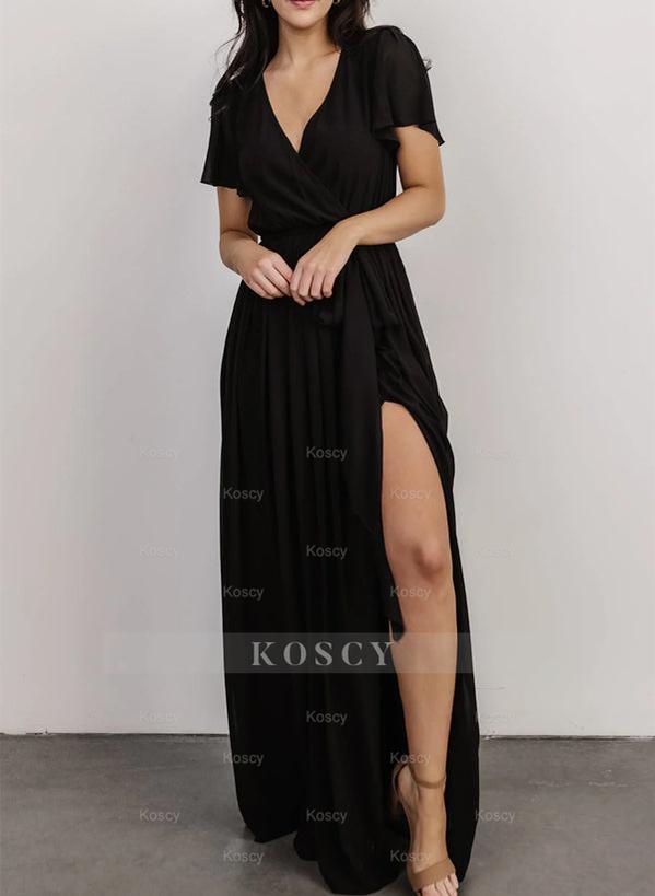 A-Line V-neck Short Sleeves Chiffon Floor-Length Bridesmaid Dress With