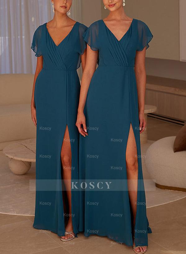 A-Line V-Neck Short Sleeves Floor-Length Chiffon Bridesmaid Dresses Wi A-Line V-Neck Short Sleeves Floor-Length Chiffon Bridesmaid Dresses Wi