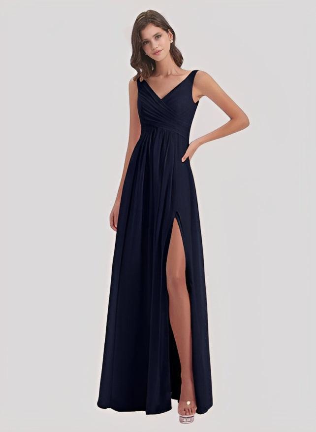 A-Line V-Neck Sleeveless Chiffon Floor-Length Bridesmaid Dress With Sp