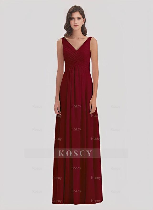 A-Line V-Neck Sleeveless Chiffon Floor-Length Bridesmaid Dress With Sp