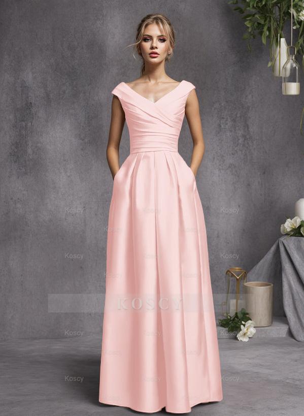 A-Line V-Neck Sleeveless Floor-Length Satin Bridesmaid Dresses With Ru
