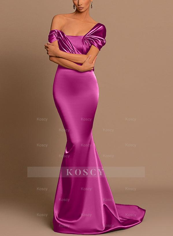 Asymmetrical short sleeves silk like satin bridesmaid dresses