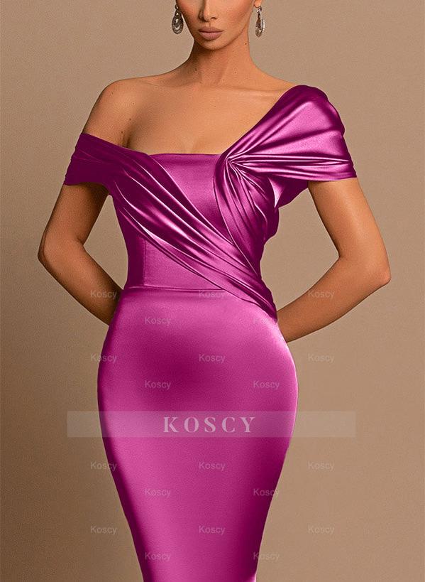 Asymmetrical short sleeves silk like satin bridesmaid dresses - trumpe Asymmetrical short sleeves silk like satin bridesmaid dresses - trumpe