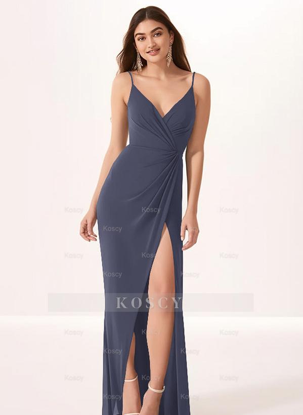 white christmas dresses V Neck Spaghetti Strap Cross Open Back Long Chiffon Split Prom Formal main image 0