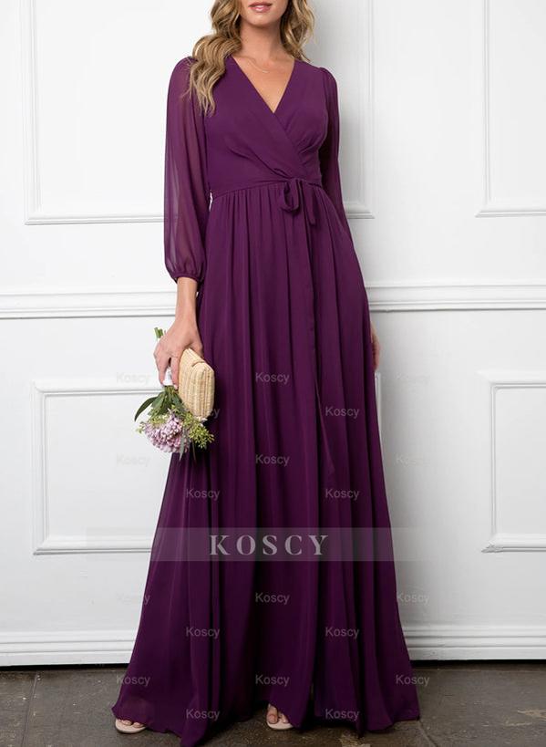 petal and pup bridesmaid dresses Duntery A Line V Neck Prom Dress Long Sleeves Floor Length Dress With Slit