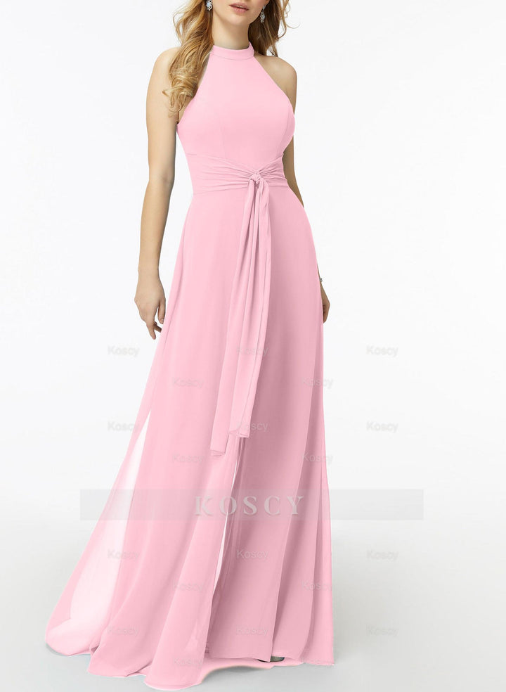 blue dress for baby girl High Cowl Neck Drape Chiffon Bridesmaid Dress main image 0