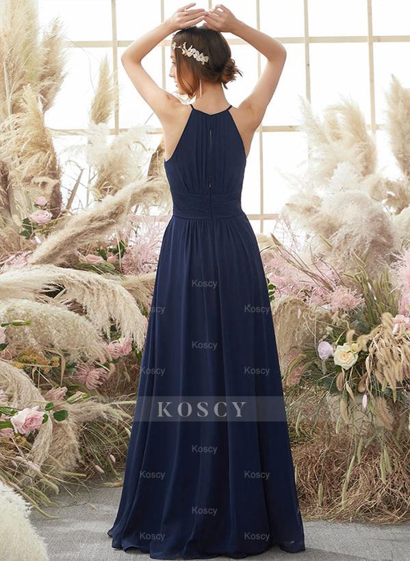 High Neck Sleeveless Spaghetti Straps Chiffon Floor-Length Bridesmaid