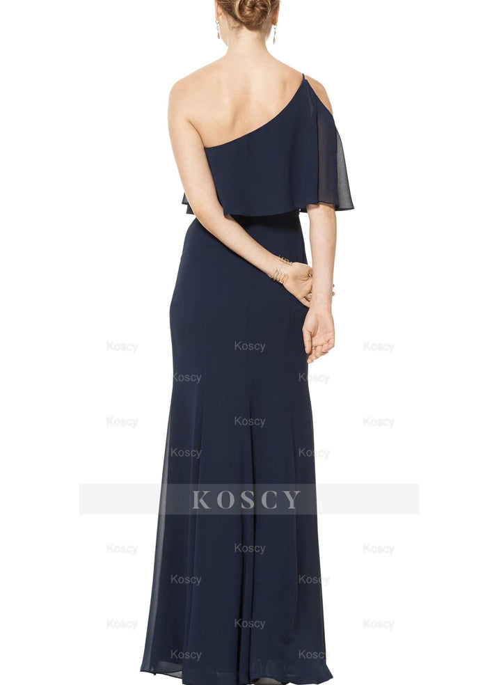 Navy One-Shoulder Sheath/Column Slit Bridesmaid Dresses With Ruffle Navy One-Shoulder Sheath/Column Slit Bridesmaid Dresses With Ruffle