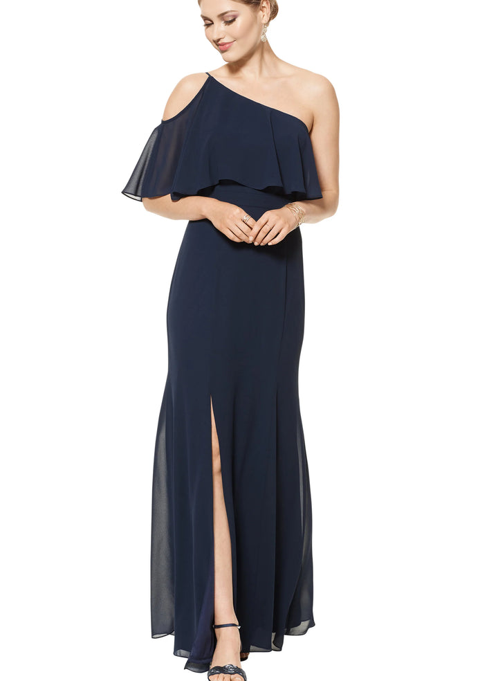 Navy One-Shoulder Sheath/Column Slit Bridesmaid Dresses With Ruffle Navy One-Shoulder Sheath/Column Slit Bridesmaid Dresses With Ruffle