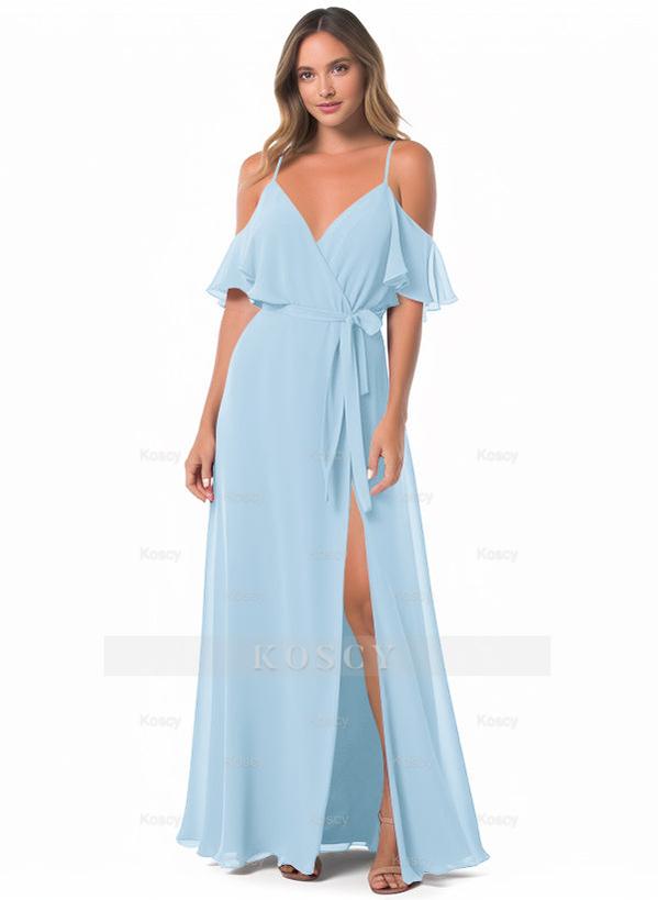 Off-The-Shoulder A-Line Bridesmaid Dresses with Short Sleeves and Spli