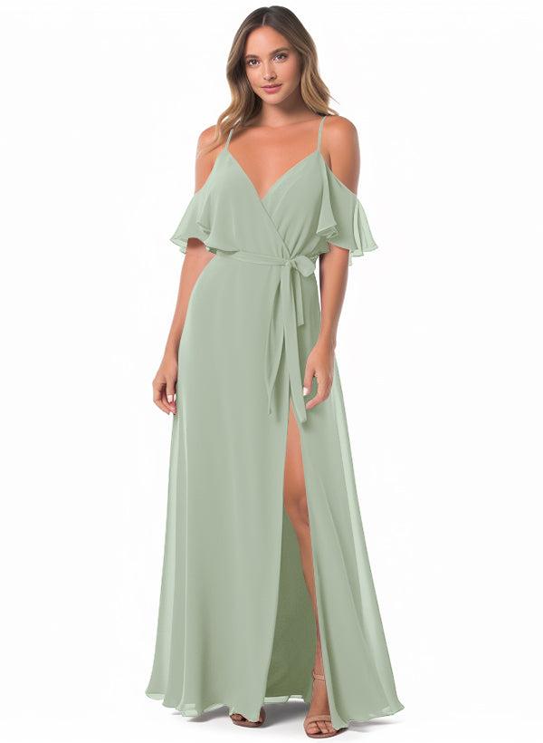 Off-The-Shoulder A-Line Bridesmaid Dresses with Short Sleeves and Spli