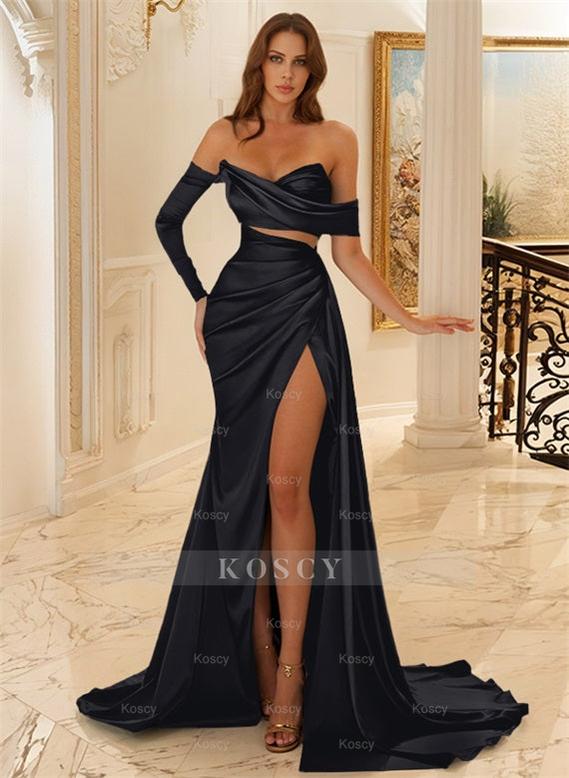 Off-The-Shoulder Charmeuse Bridesmaid Dresses With High Split Off-The-Shoulder Charmeuse Bridesmaid Dresses With High Split