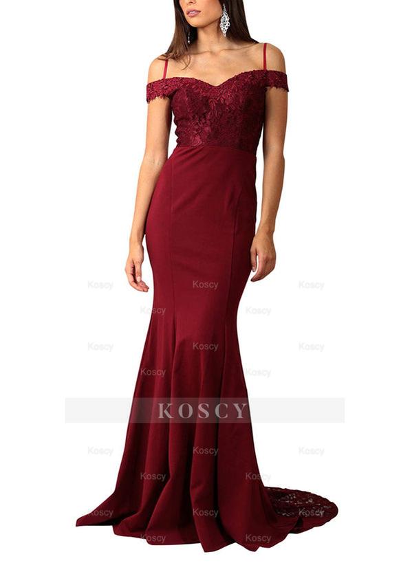 Off-The-Shoulder Lace/Elastic Satin Trumpet/Mermaid Bridesmaid Dresses