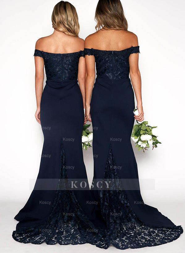 mermaid maid of honor dresses Off-The-Shoulder Lace/Elastic Satin Trumpet/Mermaid Bridesmaid Dresses