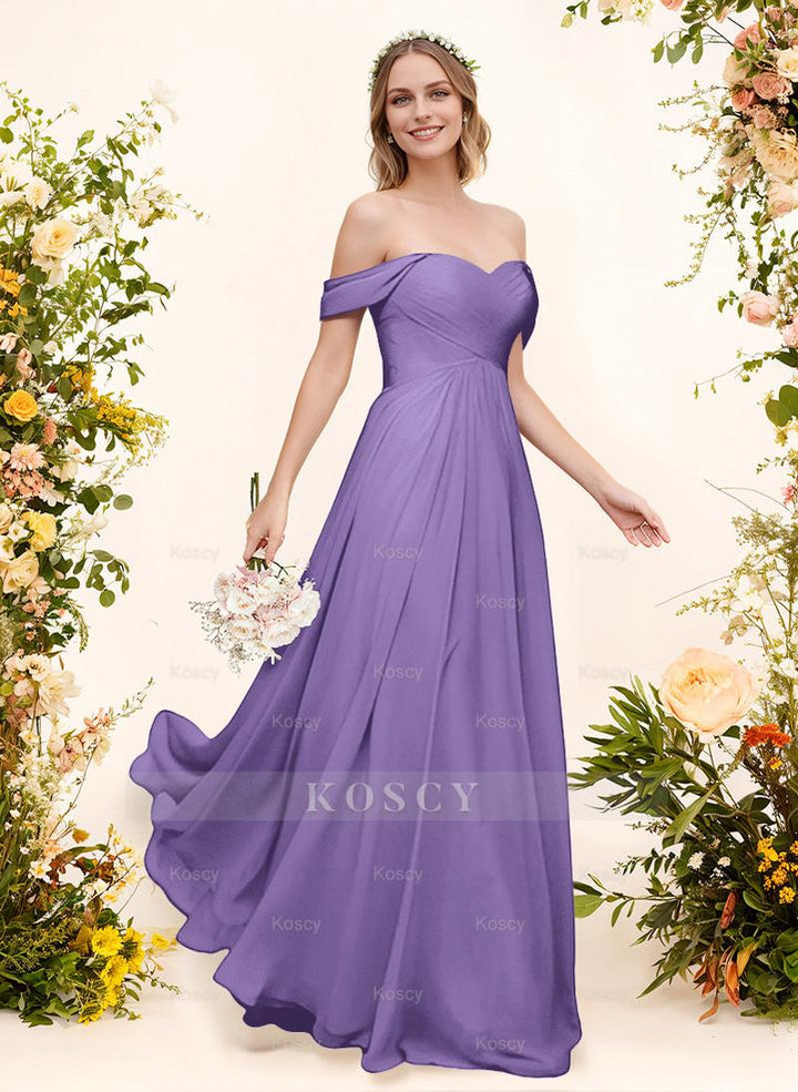 Off-The-Shoulder Short Sleeves Chiffon Floor-Length Bridesmaid Dress W